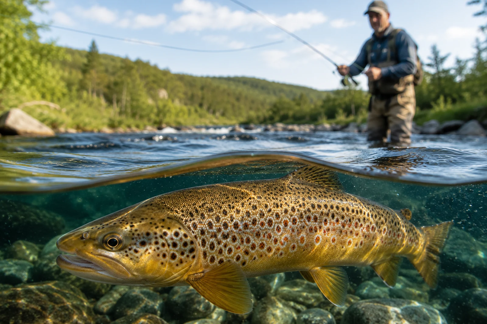 Havsöring under vattenytan med fiskare i bakgrunden