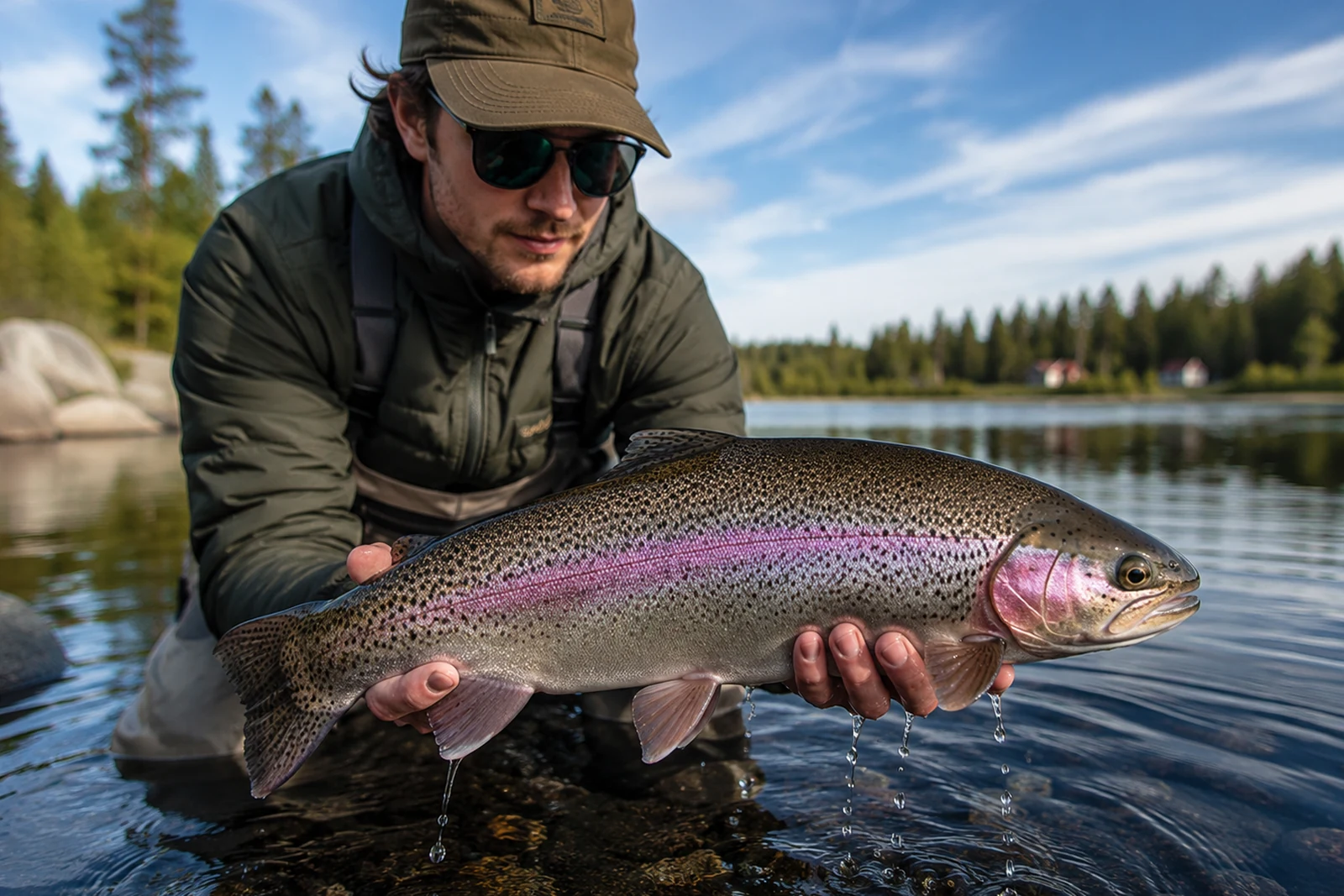 Fiskare som håller en regnbåge i grunt vatten
