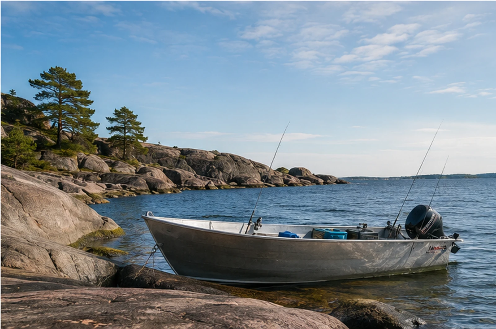 Fiskebåt med utrustning vid en klippig skärgårdsstrand